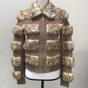 Suede Leather Luxury Jacket in Tan with Faux Leopard Fur Trim Size S